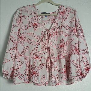 Hester & Orchard Blouse Women SzM Red/White Embroidery PrintTue Front Boxy Fit